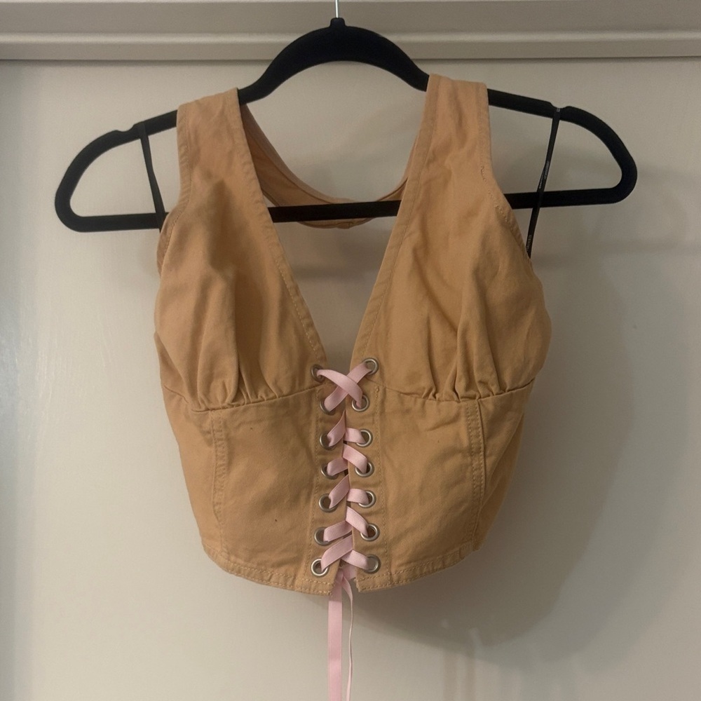 Forever 21 Tan Crop Tank with Pink Lace-Up Front